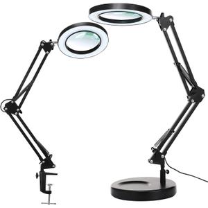 KIRKAS 10X Magnifying Glass with Light and Stand, 2-in-1 Step less Dimmable LED Desk Lamp with Clamp, 3 Color Modes Lighted Magnifier Swivel Arm Light for Reading, Craft, Close Works - Black