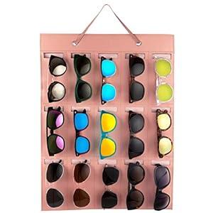 Sunnies Spot! Leather Hanging Glasses Sunglass Wall Holder Organizer With 15 Storage Slots (Coral Pink)