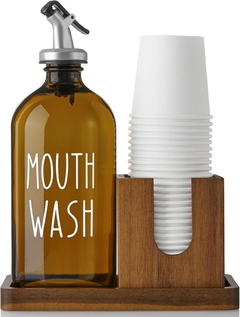 Amber Glass Mouthwash Dispenser for Bathroom, 16 OZ Mouthwash Dispenser with Pour Spout and Acacia Wood Cup Holder and Tray, Mouth Wash Bottle Container for Kitchen Bathroom Decor and Accessories