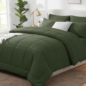 CozyLux Queen Comforter Set Olive Green, 7 Pieces Bed in a Bag, Olive Green Comforter Queen Size, All Season Bedding Sets with Stitch Quilted Comforter, Flat Sheet, Fitted Sheet, Pillowcases