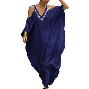 Bsubseach Turkish Cold Shoulder Kaftan Dresses Swimsuit Cover Up Maxi Dress Beach Cover Ups (C-navy Blue)