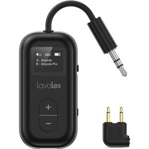 Bluetooth 5.3 Transmitter Receiver for Airplane to 2 Headphone  aptX Low Latency, 100ft Long Range, 35H Playtime, 2-in-1 Wireless Bluetooth Audio Adapter W/Screen for TV, Tablets, Speakers (Black)