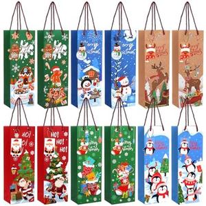 Liobelon 12 Pieces Christmas Wine Gift Bags With Tags - Colorful Paper Champagne Bottle Bags for Xmas Holiday Home Party Favor Decoration, 6 Designs