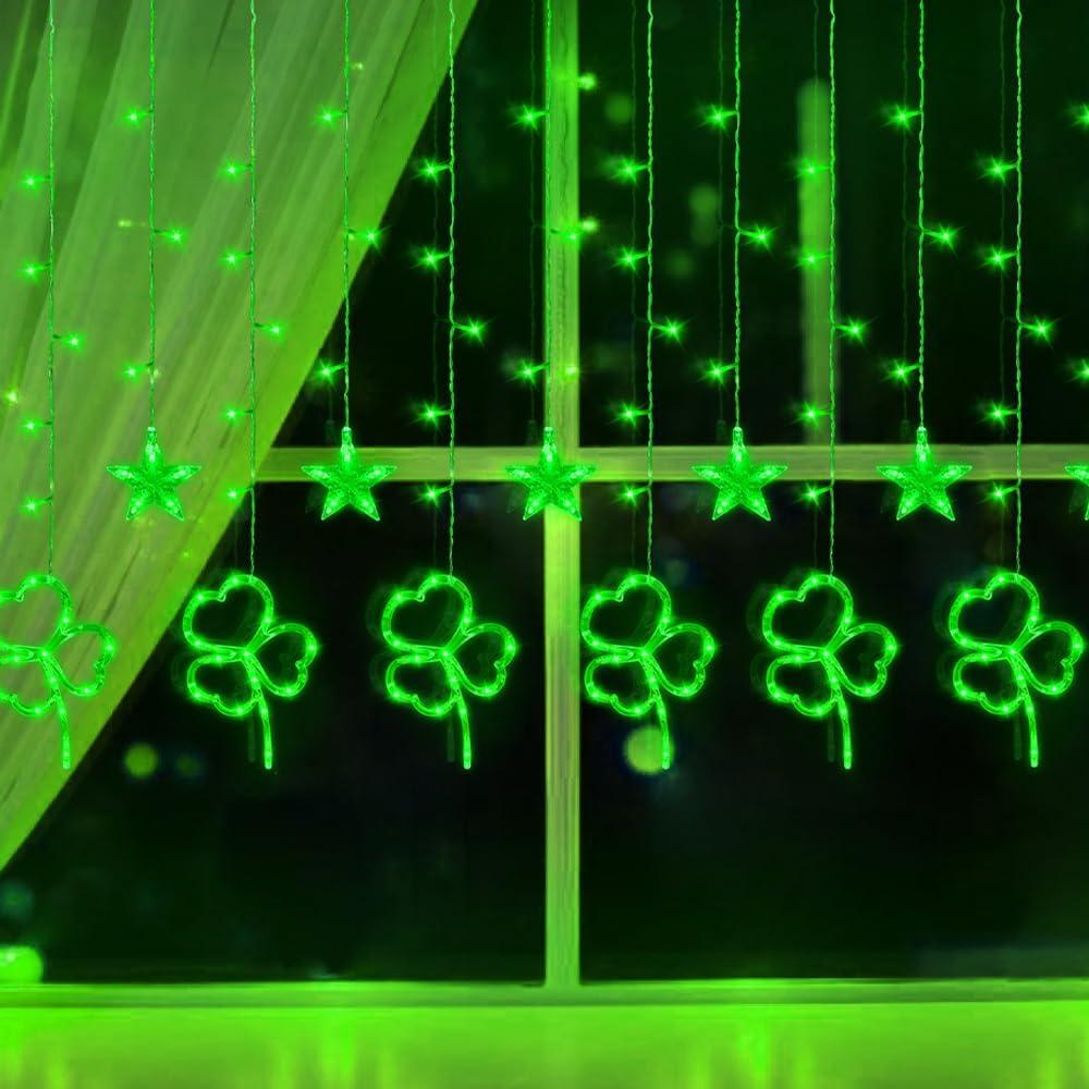 [Timer, 8 Modes] St. Patrick's Day Window Lights Decorations, 156 LED Shamrock Curtain Lights USB Powered Shamrock Lights Saint Patricks Day Decorations Indoor Lights Irish St Patrick's Day Decor