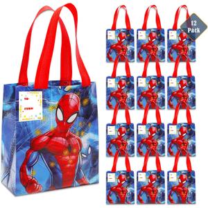 Spiderman Party Favor Bags Set  12 Pack 8" Marvel Party Goodie Bags for Kids Bulk Reusable Mini Totes | Spiderman Birthday Party Supplies