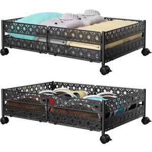 Under Bed Storage Containers with Wheels - Shoe Storage Organizer Drawer, Tool-free Assembly Metal Underbed Storage Containers for Bedroom Clothes, Shoes, Blankets - 2 Pack (Sunflower-Black)
