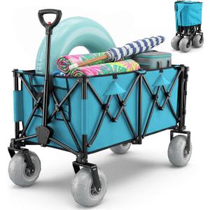 Romswi Heavy Duty Beach Wagon 9 inch Wide Big Wheels, 59" Extender, 450LBS Capacity, 400L Large Foldable Wagon Cart, Adjustable Handle, All-Terrain Cart for Beach, Camping,Garden, Light Blue