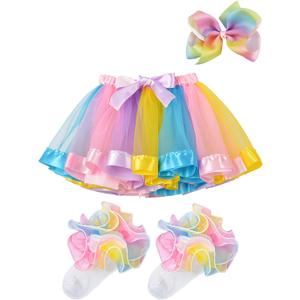 BGFKS Girls Layered Tulle Rainbow Tutu Skirt Sets,Toddler Girl Skirt with Linging,Hairbow and Socks, 2-4T, Light Rainbow