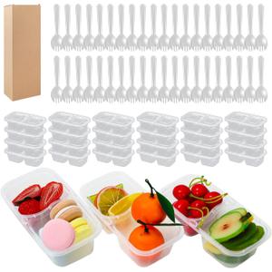 40 Sets Double Compartment Condiment Container with Lid & Spoon Clear Plastic Snack Containers for Outdoor Travel Party Meal Prep Supplies