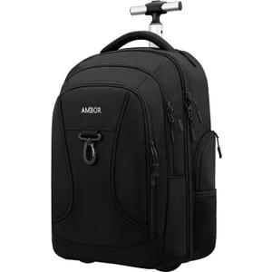 AMBOR Rolling Backpack, Waterproof Wheeled Backpack, Carry-on Trolley Luggage Suitcase Compact Business Backpack with Wheels, Student Rolling Laptop Bag Trolley Carry Luggage Fits 15.6 Inch - Black
