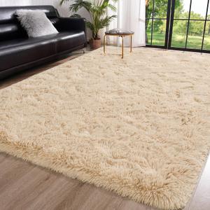 Toneed Fluffy Bedroom Rug, 4 x 6 Feet Shaggy Area Rug Modern Furry Rug Plush Fuzzy Carpet for Living Room Drom Kids Room Nursery Kindergarten Home Decorative, Beige