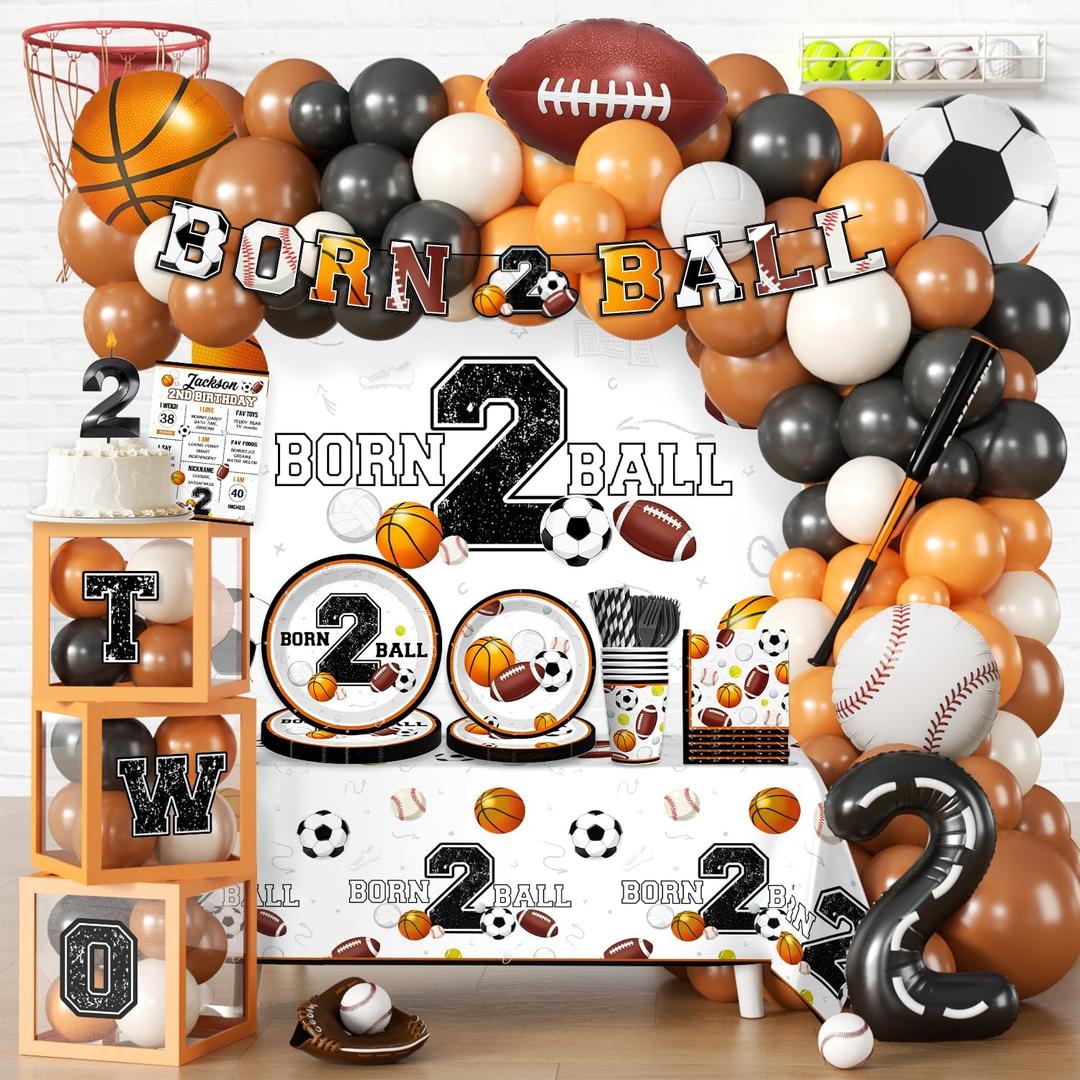 291 PCS Born 2 Ball Birthday Decorations, All-in-One Party Pack with Backdrop, Balloon, Plates and Napkins, for Ball Themed 2nd Birthday Party, Serves 25 Guests
