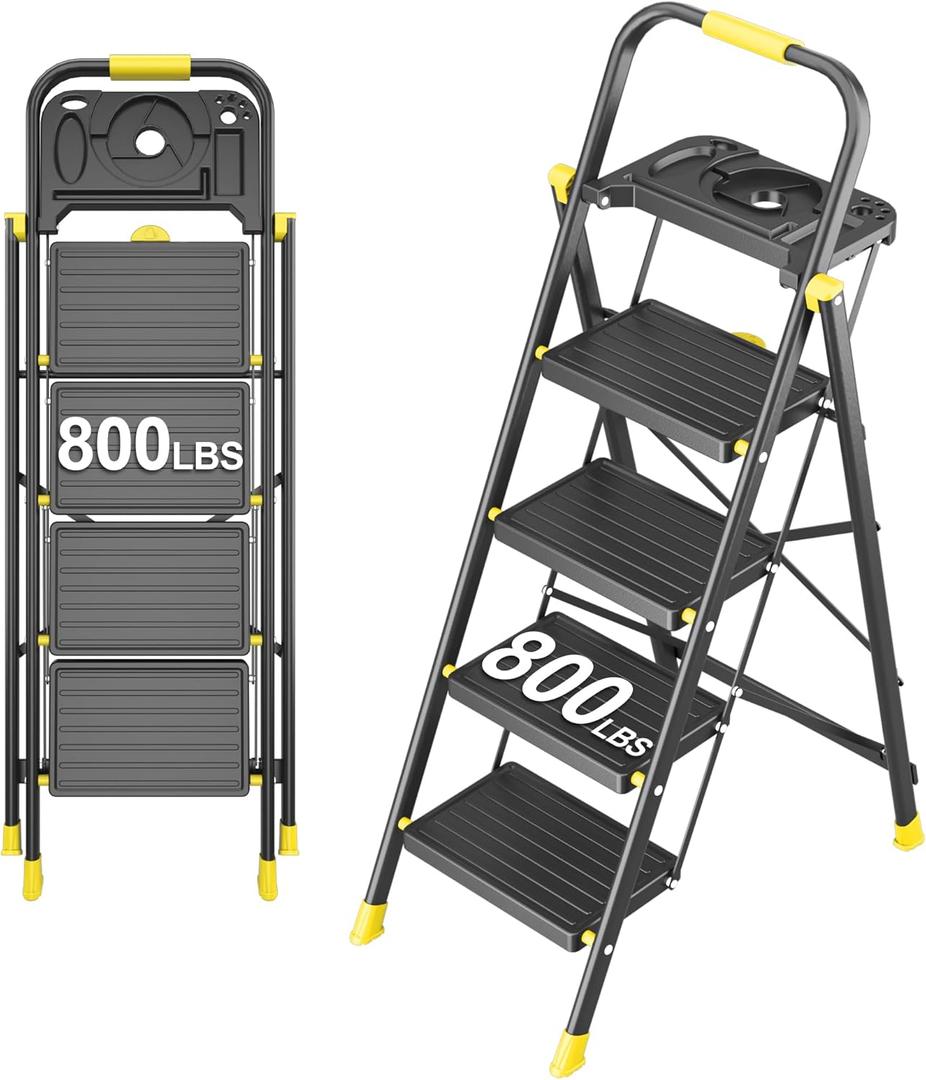 4 Step Foldable Step Ladder with Mutifunctional Tool Tray, Platform Ladders Stepstools, Step Stool 4 Step Folding with Non-Slip Pedals, 800lbs Bearing Capacity for Adults, Home, Kitchen, Black Yellow
