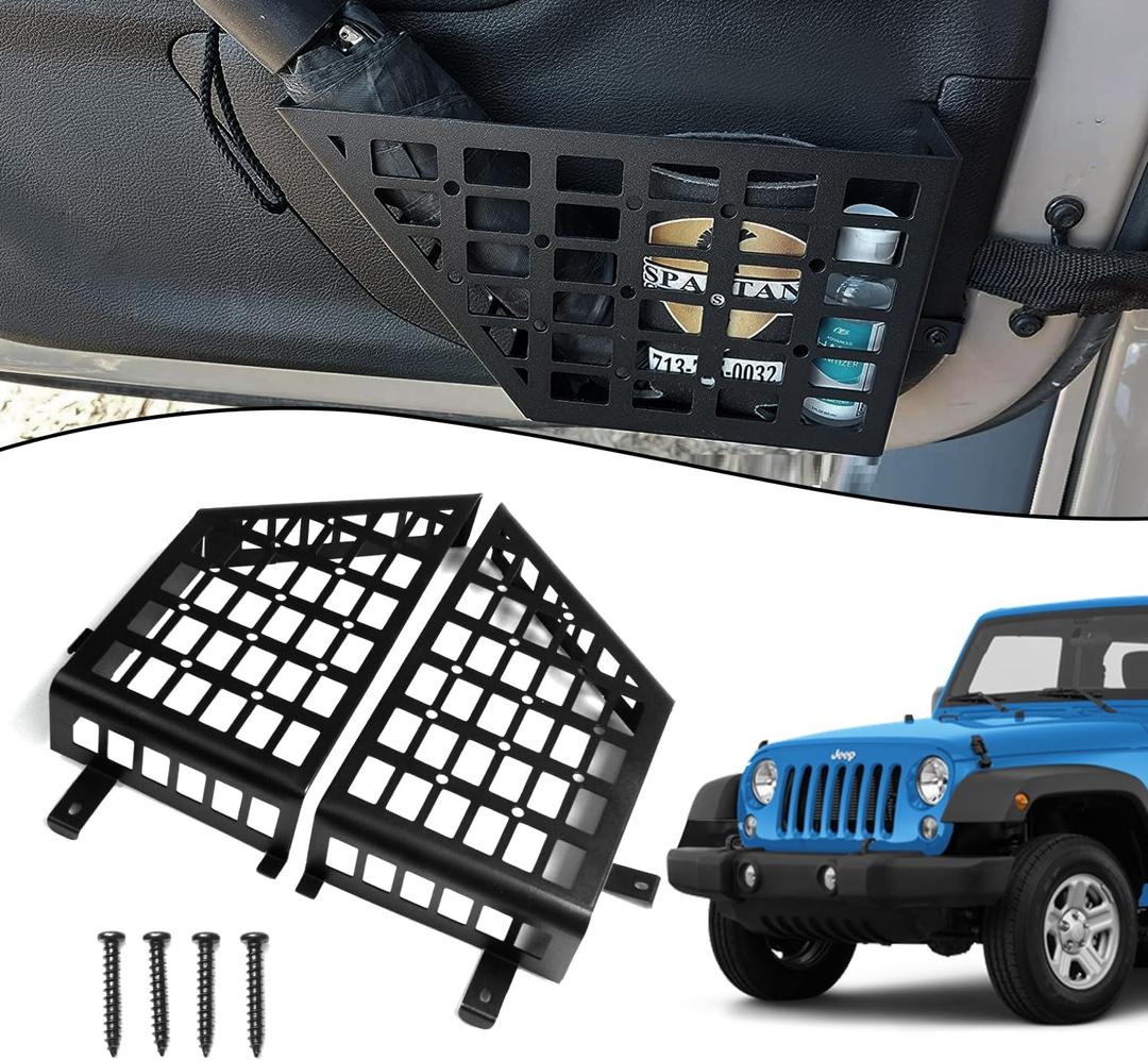 Pair of 1 Aluminum Front Door Storage Pockets for 2007-2018 Jeep Wrangler JK JKU - Black Organizer with Tool-Free Install, Anti-Rust Coating & Accessory Mount (Grid)