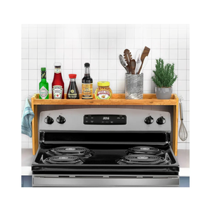IIIOIIIA Bamboo Over The Stove Spice Shelf for Kitchen Storage, 31.5" Kitchen Spice Rack Organizer Stove Top Shelf with 6 Hooks, 11.4" Height Extra Storage Countertop, Easy to Assemble