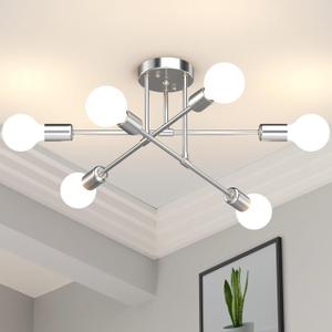 Modern Sputnik Chandelier Ceiling Light Fixtures, 6-Lights 22 Mid Century Industrial Metal Semi Flush Mount for Dining Room, Bedroom, Living Room-Glossy Silver