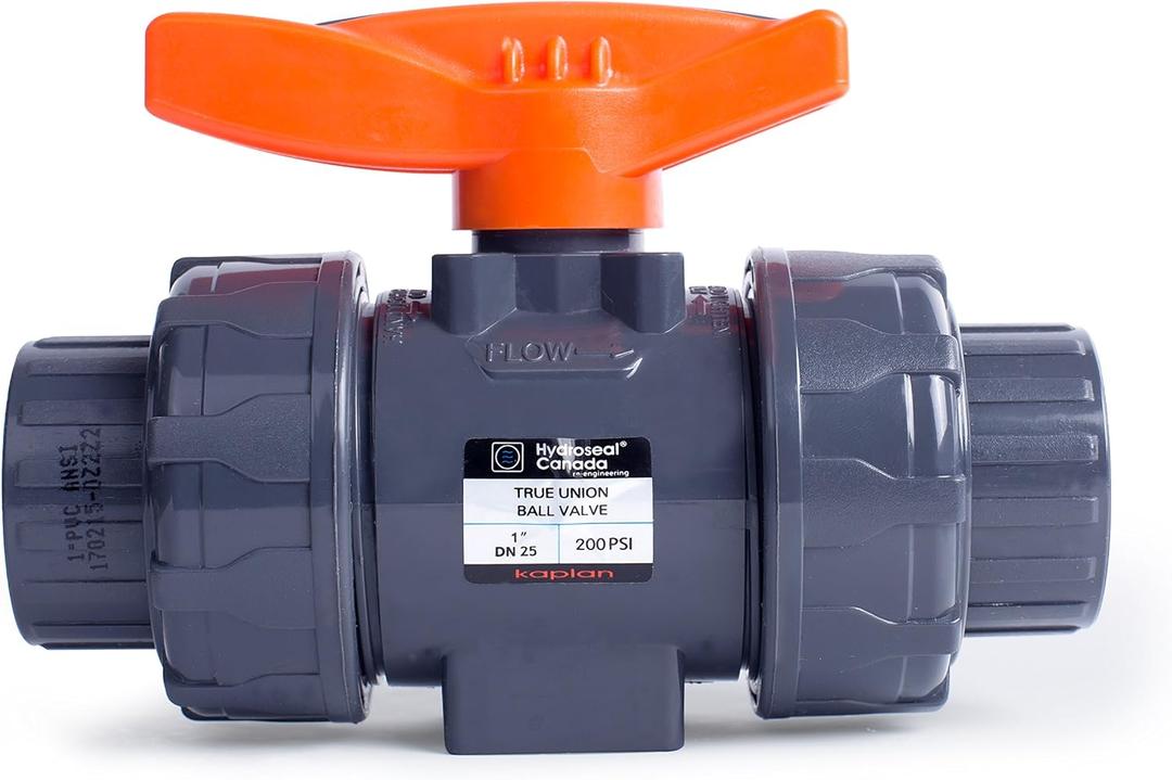 HYDROSEAL Kaplan 1 PVC True Union Ball Valve with Full Port, ASTM F1970, EPDM O-Rings and Reversible PTFE Seats, Rated at 200 PSI @73F, Gray, 1 inch Socket (1 inch)