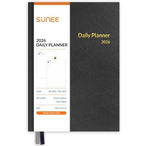 SUNEE 2026 Daily Planner A5 Hardcover – Hourly Schedule Organizer with Monthly Tabs & Task Tracker – Black Cover Time Management Notebook for Work, School, Personal Goals