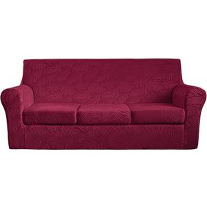 4 Pieces Velvet Sofa Covers for 3 Cushion Couch Thick Plush Fabric Sofa Slipcovers 3 Seat Pet Proof Couch Cover That Stays on Place with Non Slip Foam Strips (Wine Red, Sofa) 42"D x 91"W x 42"H