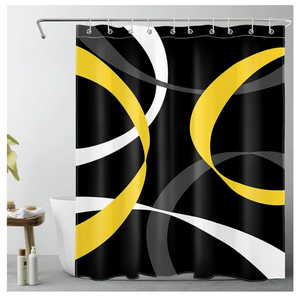 LB Abstract Geometric Shower Curtain for Bathroom,Yellow Grey and White Striped on Black Background Fabric Shower Curtain with Hooks,Modern Aesthetic Bathroom Curtains Shower Set