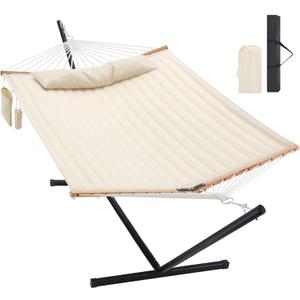 Two Person Hammock with Stand for Outside Heavy Duty, Outdoor Patio Hammock with Portable Steel Stand, Large Double Hammocks,480lbs Capacity.(Off White)