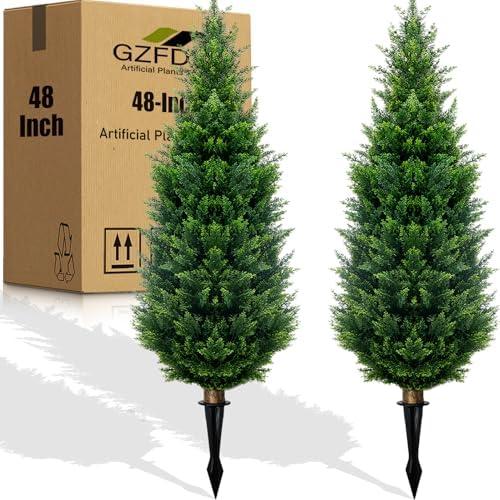 GZFDY 4Ft Artificial Cedar Topiary Trees (2-Pack) - UV Resistant Fake Shrubs with Ground Spike for Outdoor & Indoor Use, Front Porch, Garden Decor