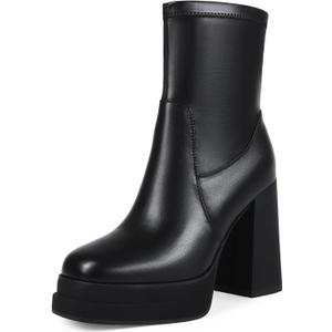 Wetviro Women's Platform Ankle Boots Chunky High Heel Square Toe Stretchy Short Gogo Combat Boots Booties for Women (Black), US 8