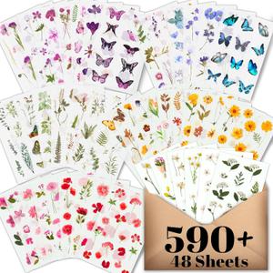 Arme Flower Stickers for Scrapbooking(590 Pieces, 48 Sheets),Decorative Floral Stickers, Small Flower Sticker for Adults, Pressed Flowers Sticker's Pack, Colorful Wildflower Sticker for Scrapbooking