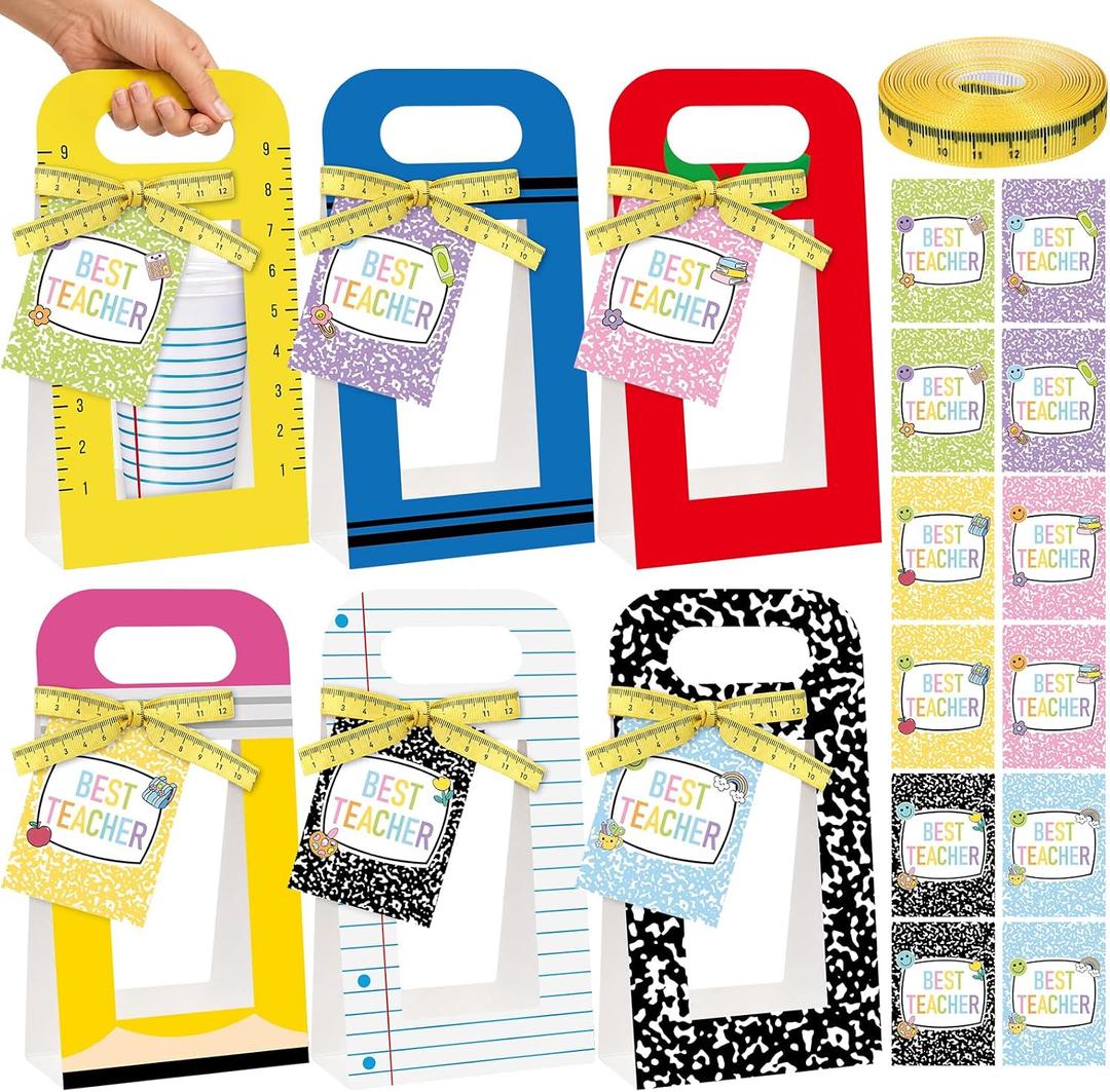 12Set Back to School Teacher Gifts Bulk Composition Book Cup Drink Carrier with Handle Greeting Card Red Blue Lined Crayon Design for Back to School Teacher Student Classroom Appreciation Party Favors