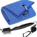 Golf Towels, Microfiber Waffle Pattern Tri-fold Golf Towel - Brush Tool Kit with Club Groove Cleaner, with Clip Men Women Golf Gifts (Blue Towel+Black Brush)