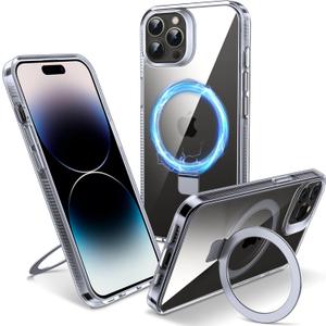 Magnetic Case for iPhone 14 Pro Max - [Built-in Invisible Stand] [Compatible with MagSafe] [Military Grade Drop Protection] Anti-Yellowing Hard Back Silicone Edge Cover, 6.7", Clear