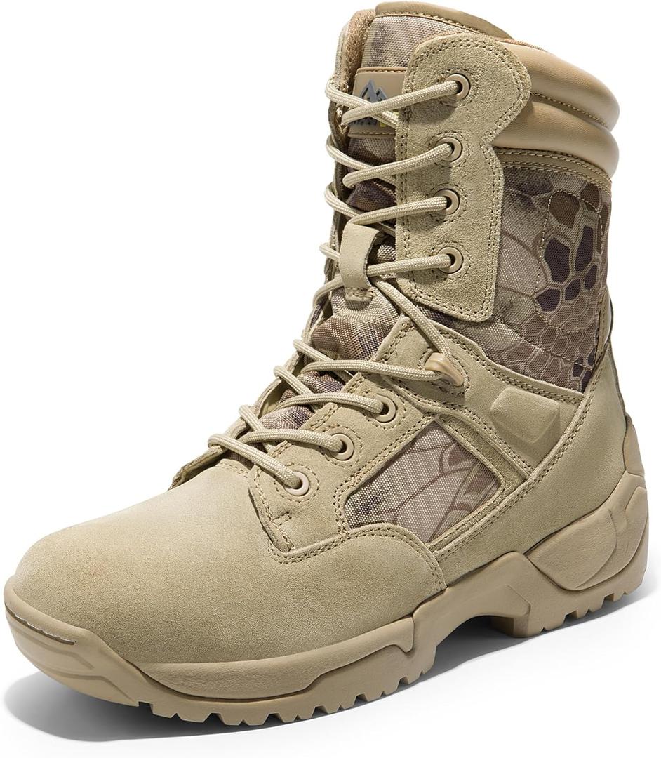 NORTIV 8 Mens Military Tactical Work Boots Hiking Side Zip Leather Outdoor Motorcycle Combat Boots Response (13, Camo Sand)