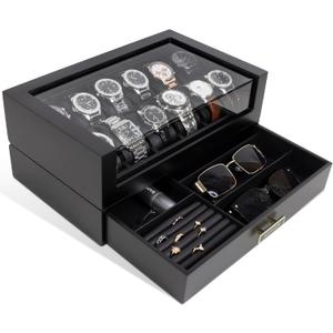 High End Watch Box for Men, 12 Slot Wooden Watch Case With Drawer, Watch Display Box with Glass Lid, 2-Layer Watch Holder for Jewelry and Watch Storage for Men Women, Ideal for Gift (With Gift Box) (Black)