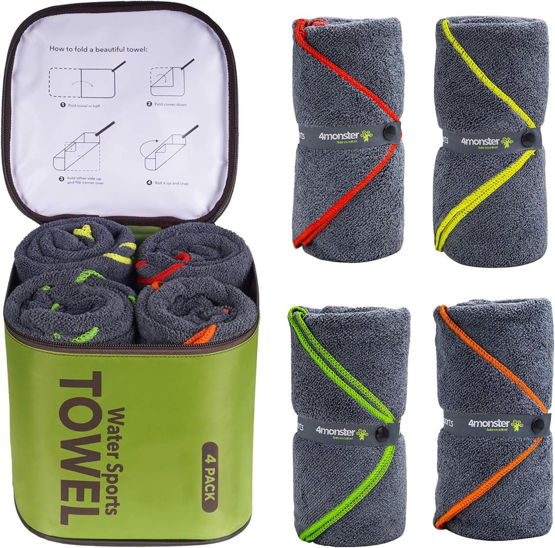 4Monster 4-Pack Quick Dry Microfiber Travel Towels Super Absorbent, Ultra-Soft Camping Towel Set with Water-Resistant Bag, Lightweight & Compact for RV, Gym, Beach, Pool, Swimming, and Family Trips