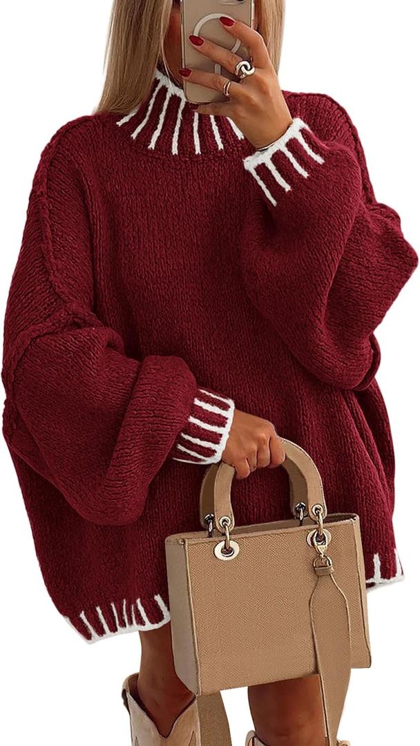 PRETTYGARDEN Women's 2026 Fall Oversized Pullover Sweaters Long Sleeve Mock Neck Chunky Knit Jumper Tops Winter Clothing (Large, Wine Red)