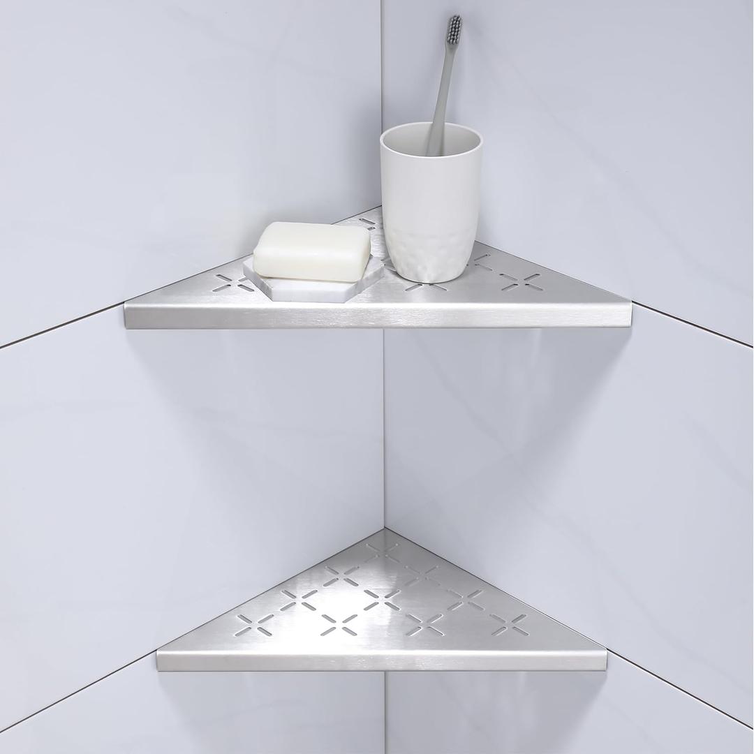 10" Corner Shower Shelf, 2-Pack Shower Shelves SUS304 Stainless Steel Bathroom Shelves for Tile Walls, Recessed Corner Shelf Organizer Rack, No Drilling (Brushed)