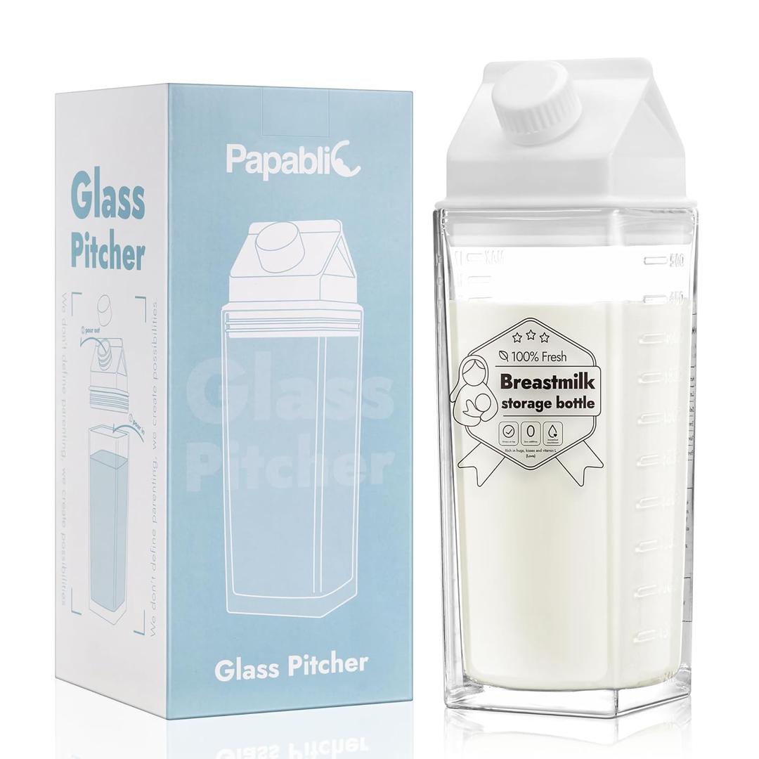 Papablic Glass Breastmilk Storage Bottles, Baby Breast Formula Milk Container for Breastfeeding Essential, Reusable Milk Pitcher Shaped Collection for Fridge & Milk Cooler, BPA Free, 17 oz