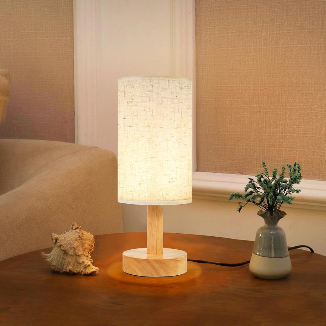 Small Bedside Table Lamp for Bedroom,Natural Round Wood Base&Fabric Linen Shade,Cozy Night Table Light for Study Reading,Minimalist Boho Desk Lamp for Nightstand,Living Room,Nursery,Kitchen,Dorm (Beige-Round-set of 1)