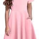 Girls Short Sleeve Dresses Crew Flowy Twirl School Casual Summer Midi Basic Dress Pockets for 7-14 Years Teen Girl, (9-10Y) (Pink)