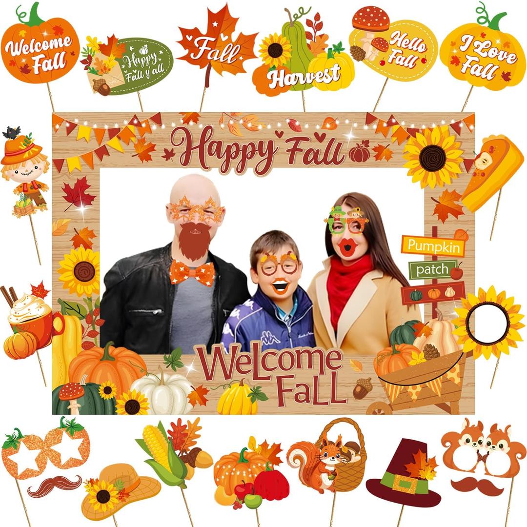 Fall Photo Booth Frame and Props with Wooden Stick Pumpkin Maple Leaf, Sunflower Autumn Theme 27pcs for Fall Thanksgiving Party Decorations Photo Booth Props