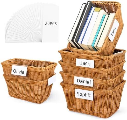 Reallnaive Rattan Storage Baskets, 6 Pack 11.8 x 7.9 x 5.9 Inches Boho Rectangular Organizing Woven Storage Basket Set with Removable Write Tags for Classroom School Office Teacher Book Organization