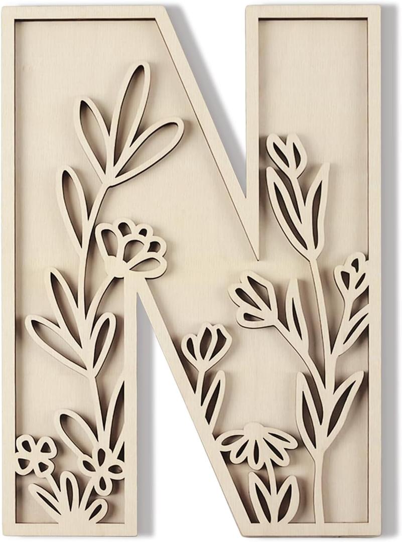 Layered 12 Inch Large Wooden Letters for Wall Decor, Flowered Paintable Wooden Nursery Letters for Crafts Wood Alphabet Letter N for Birthday Boho Nursery Name Sign Wedding Home Decoration