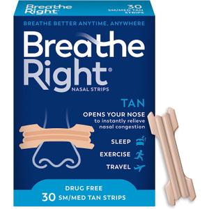 Breathe Right Nasal Strips, Extra Strength Tan Nose Strips, Drug-Free Nasal Congestion Relief for Better Breathing, Help Relieve Snoring, Caused by Colds & Allergies, Deviated Septum, Small/Medium