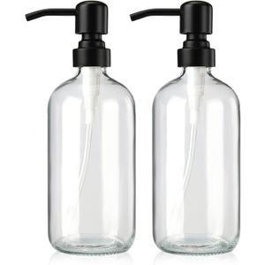 AmazerBath Soap Dispenser, 2 Pack Glass Soap Dispenser with Stainless Steel Pump, 17 Oz Bathroom Hand Soap Dispensers Bottle for Bathroom & Kitchen, Clear & Black