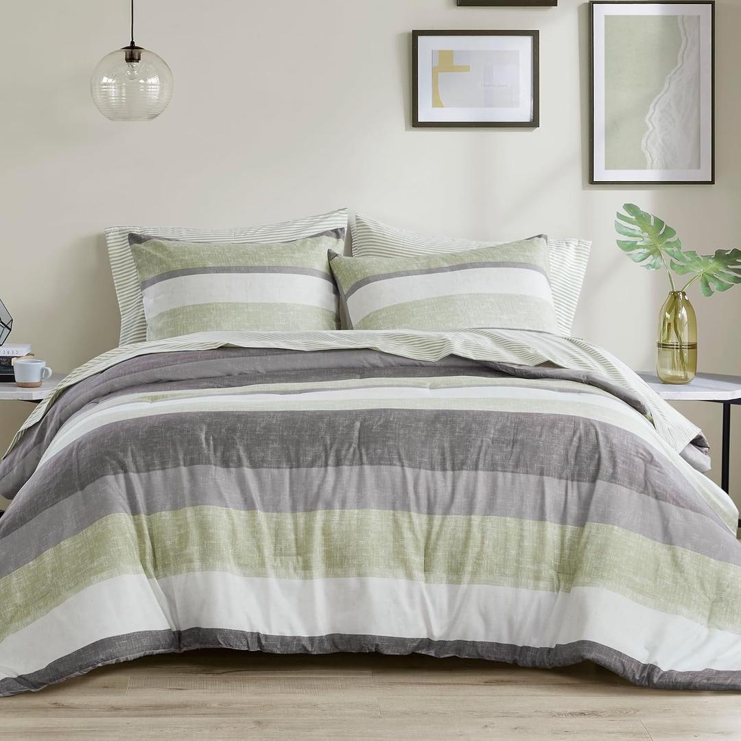 Madison Park Essentials Jaxon Queen Comforter Set, Bed in A Bag Comforter & Sheet Set, Modern Casual Stripes Print, All Seasons, Soft Bedding Makeover, Matching Sham, Queen Green/Grey 7 Piece