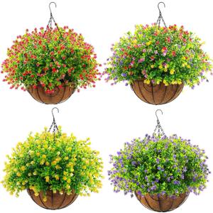 Lyrow 4 Pack Artificial Hanging Flowers with Baskets Outdoors Faux Flowers with 12 Inch Coconut Lining Baskets Realistic Artificial Hanging Plants for Patio Lawn Garden Decor