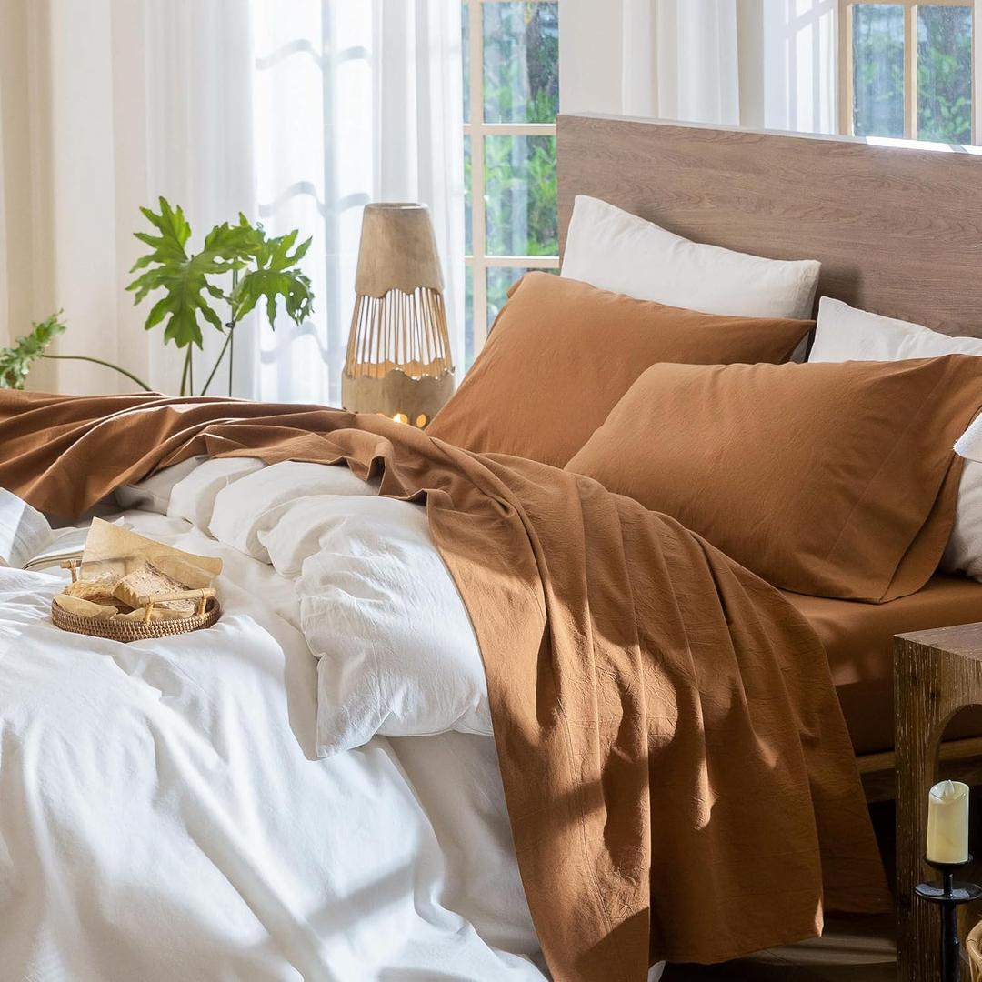 MooMee Bedding Sheet Set 100% Washed Cotton Linen Like Textured Breathable Durable Soft Comfy (Solid Dark Orange, King)