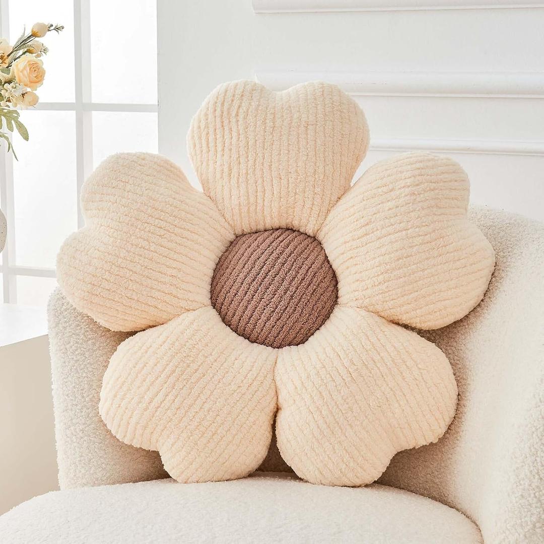 Flower Throw Pillow, Cute Flower Shaped Pillow Decorative Throw Pillow for Bed Couch, Soft Daisy Pillows Floor Seating Cushion Cushions (14.9 Inch Ivory+Brown)