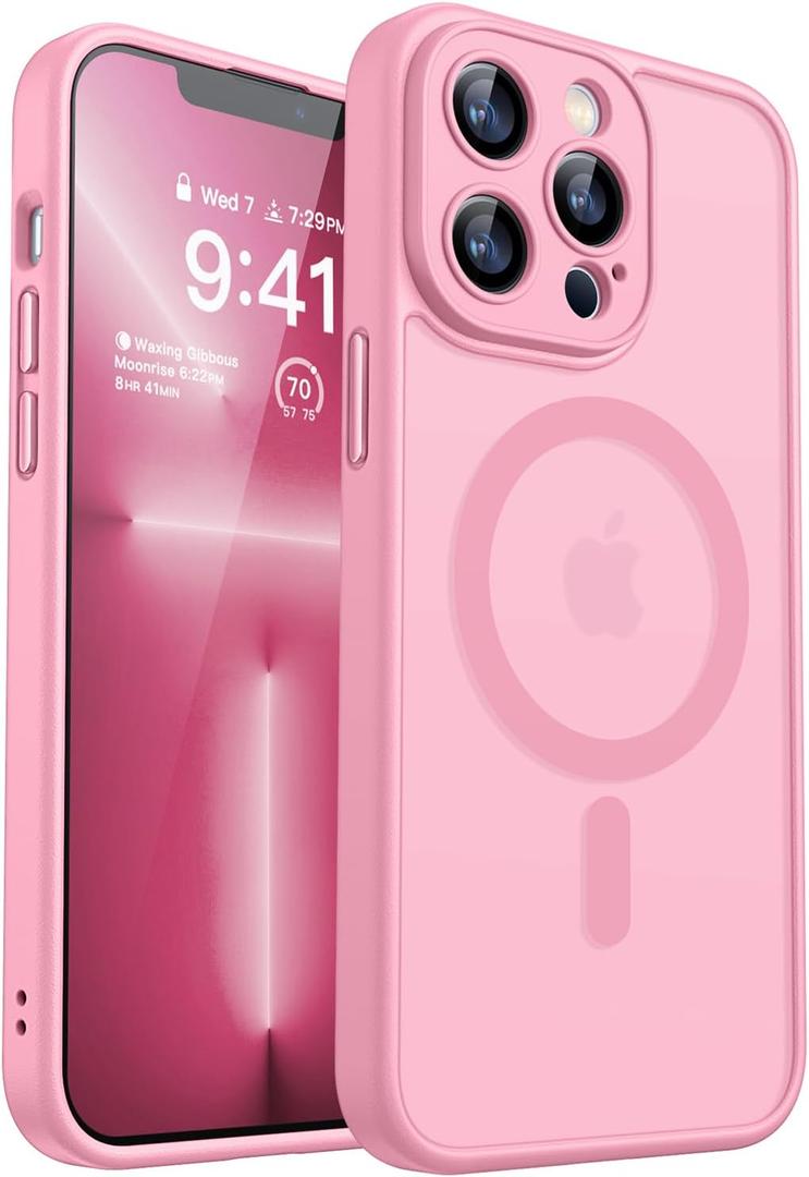 CANSHN Magnetic Compatible with iPhone 13 Pro Case, Upgraded [Full Camera Protection] [Compatible with Magsafe] [Translucent Matte] Shockproof Protective Phone Case Cover 6.1 Inch - Pink
