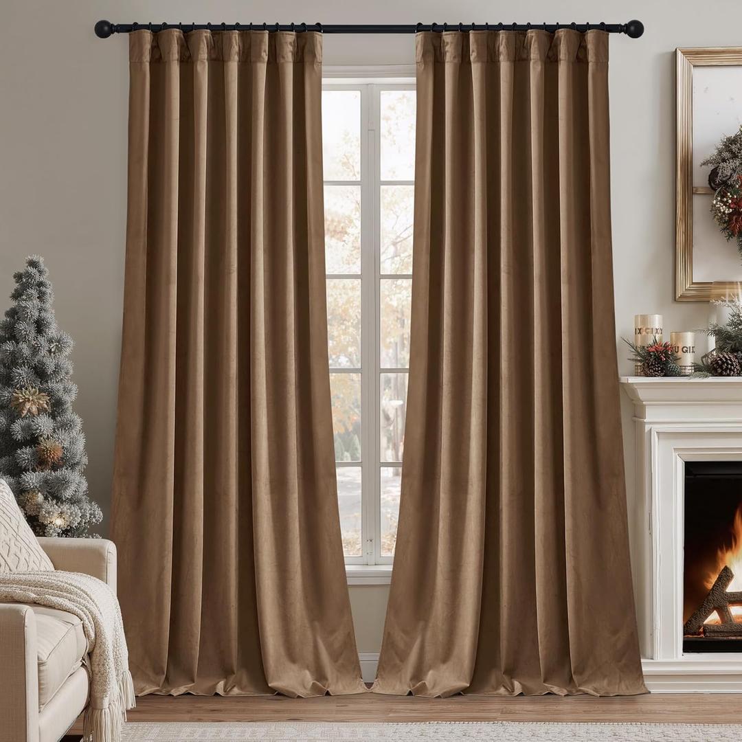 RYB HOME Brown Velvet Blackout Curtains 108 inches Long, Silky Soft Thermal Insulated Back Tab Fall & Halloween Curtains for Living Dining Room, 52" W x L108 L, 2 Panels Set